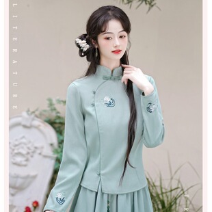旗袍式上衣女秋冬复古中国风长袖民国茶艺服棉麻汉服女装中式唐装