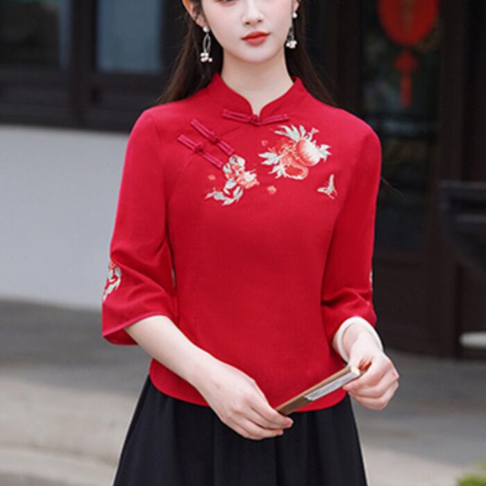 民族风棉麻上衣女春夏中国风改良旗袍复古中袖修身中式唐装两件套