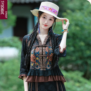 新中式刺绣短款外套女春夏新款国风盘扣唐装缎面衬衫小个子女上衣