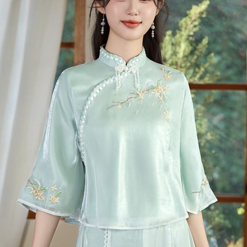 2026秋季新中式国风汉服立领盘扣上衣复古文艺茶服半身裙套装女夏