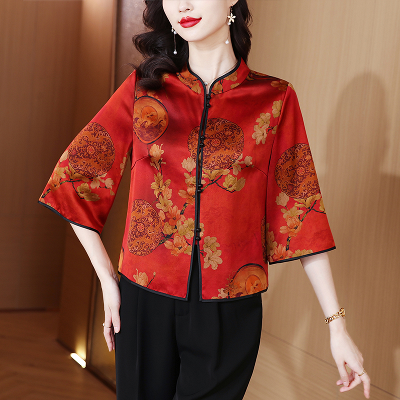 中式香云纱女上衣七分袖新款妈妈花萝真丝衬衫唐装2025年春季时尚