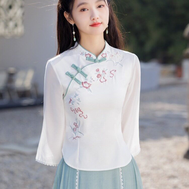 民国风女修身中袖旗袍上衣复古刺绣唐装日常汉服套装新中式茶服春