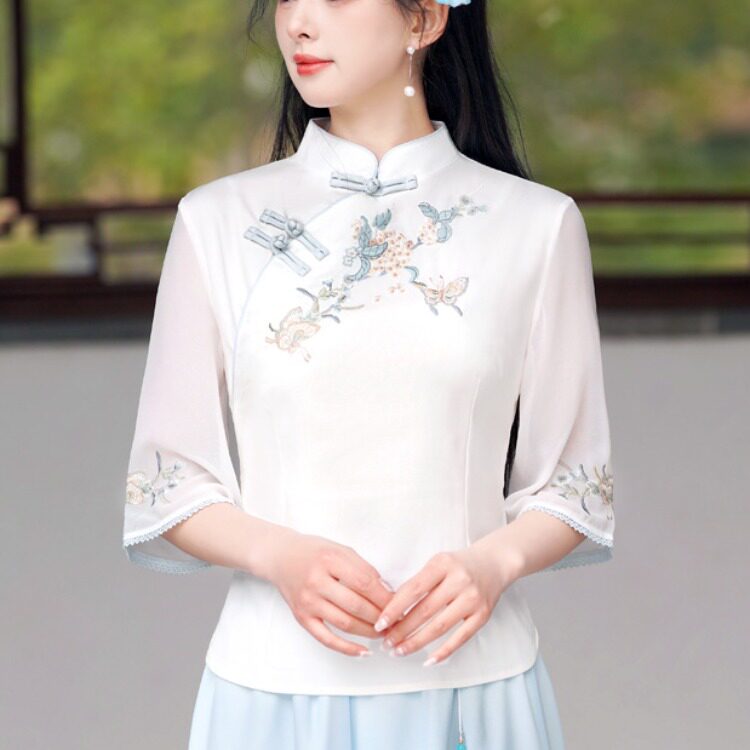 春夏新中式民国风上衣女日常旗袍修身棉麻茶服套装采耳茶艺工作服