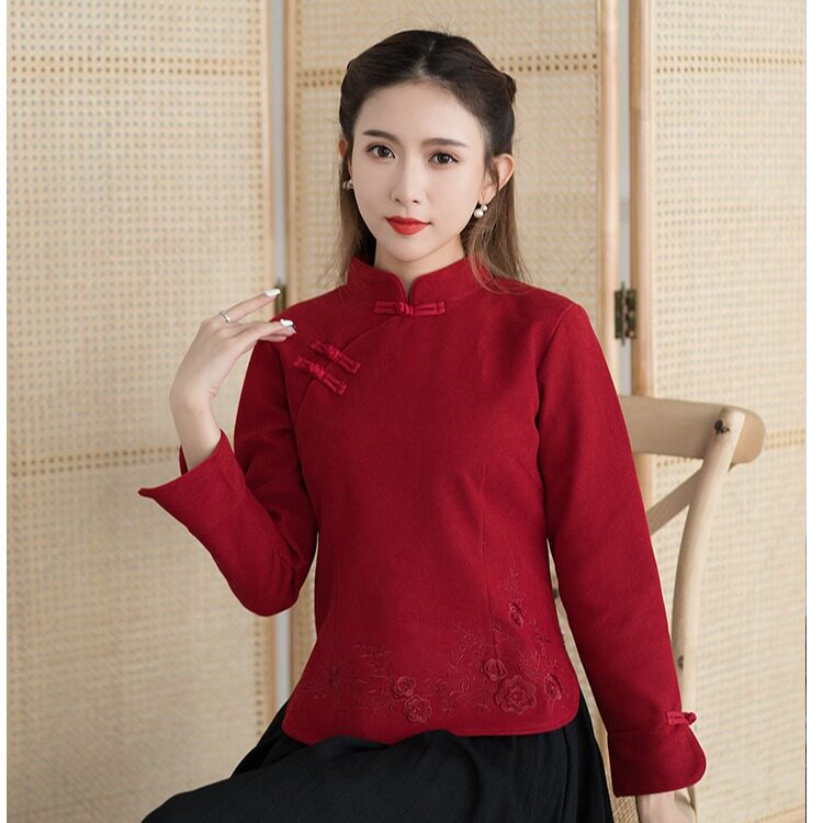 秋冬采耳茶艺服复古盘扣唐装上衣