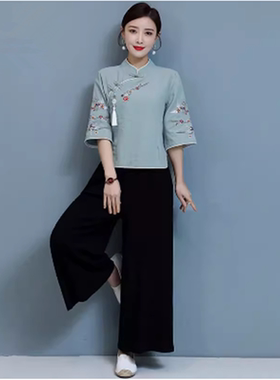 工作服中国风茶服汉服唐装套装