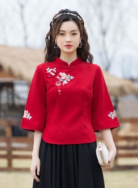 SY红色唐装中国风汉服女秋装民族风绣花古装新中式旗袍上衣两件套