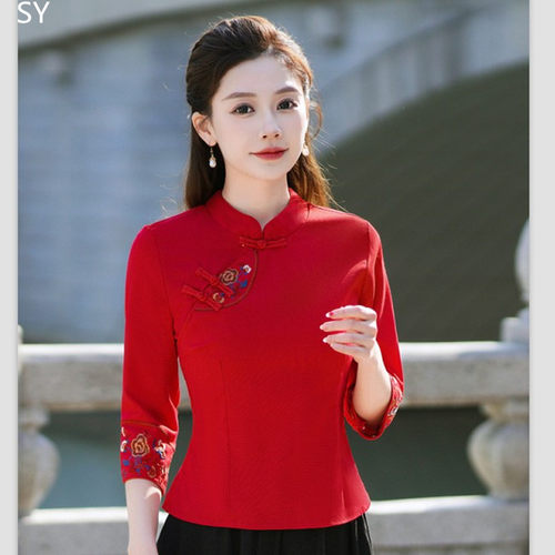 刺绣衬衫女春夏唐装中国风棉麻服