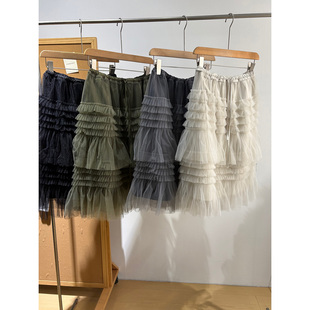 早春新款~仙美蓬蓬纱裙黑色&绿色&灰色&浅灰杏抽绳松紧腰半身裙女