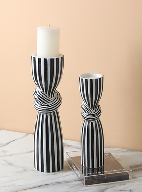 现简约黑白条纹扭结烛台摆件创意家居软装饰品客厅餐桌样板间