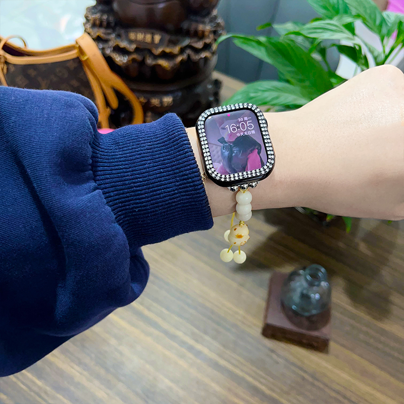 适用于iwatch7/8/9/10华强北智能手表表带天然菩提招财猫串珠表链