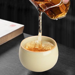 米黄汝窑茶杯主人杯单杯大号开片可养手工陶瓷专用茶具茶盏品茗杯