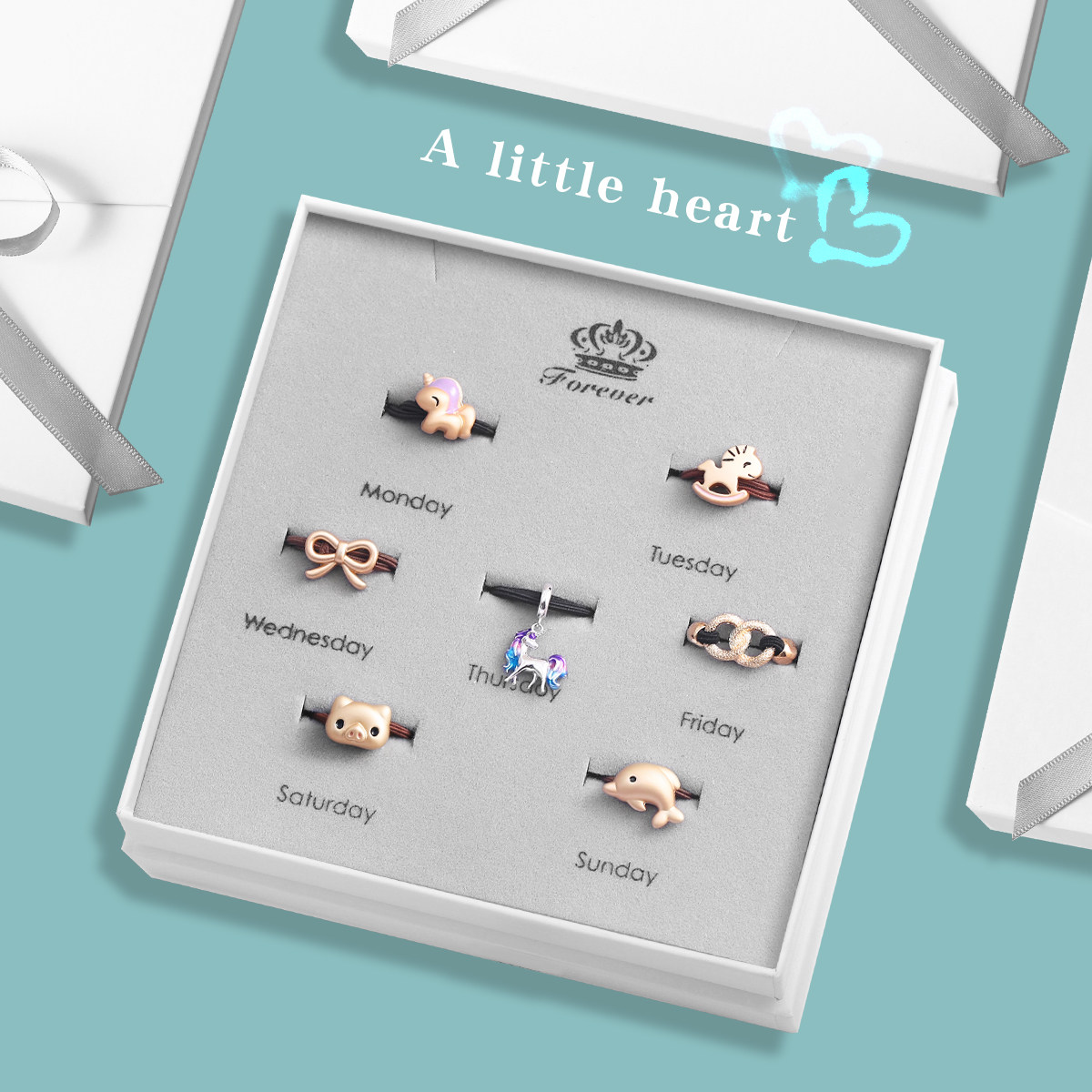 一周7天礼盒925纯银独角兽头绳