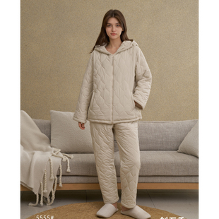 创五季 轻奢羽绒棉夹棉三层加厚连帽家居服可外穿 女士睡衣2025冬季