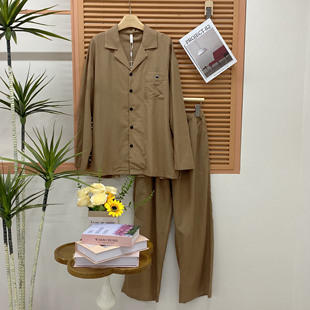 卡路曼男士睡衣2026春季新天丝麻棉衬衫领长袖长裤休闲家居服套装