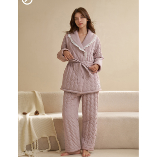 创五季 女士睡衣2025冬三层加厚夹棉保暖女蕾丝翻领系带家居服套装