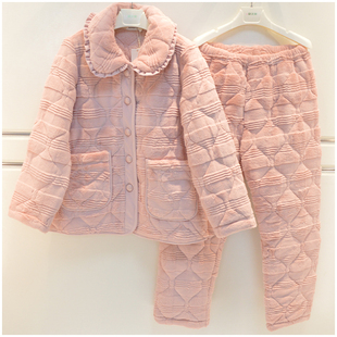 精雅女士睡衣冬季雅舒绒三层夹棉加厚素色简约可外穿甜美女家居服