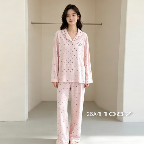 佰伦熊女士睡衣2026年秋季磨毛波点衬衫领开衫长袖宽松家居服套装