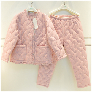 精雅女士睡衣2025冬季梭织全棉三层夹棉加厚素色休闲保暖女家居服