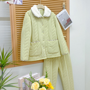 安杜拉女士睡衣2025冬季轻羽绒棉三层夹棉麻花格可外穿女穿家居服