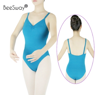 湖蓝色双肩带芭蕾连体服儿童舞蹈考级形体服体操练功服leotard