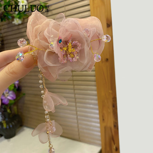 CL384新中式网纱花朵丸子夹水晶流苏后脑勺盘发固定神器轻奢发饰