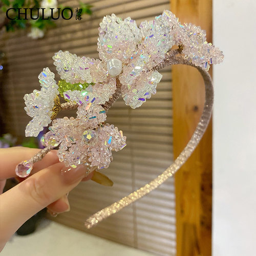 CL411水晶花朵发箍女轻奢重工头饰新中式汉服配饰高级感日常百搭