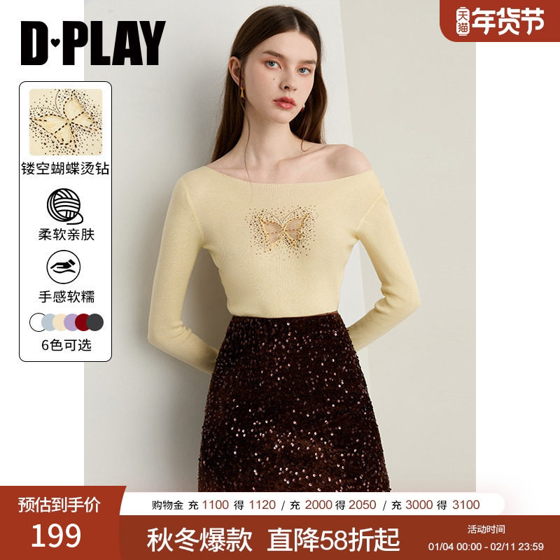 DPLAY2025年秋季新款黄色上衣女一字肩镂空气质流行针织打底衫,女装/女士精品,毛针织衫,淘宝优惠券,粉丝福利购,淘宝优惠卷
