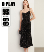 DPLAY2026春季 新款 黑色连衣裙女亮片吊带鱼尾裙闪钻晚礼服裙子