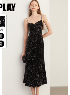 DPLAY2025秋季新款黑色连衣裙女亮片吊带鱼尾裙闪钻晚礼服裙子