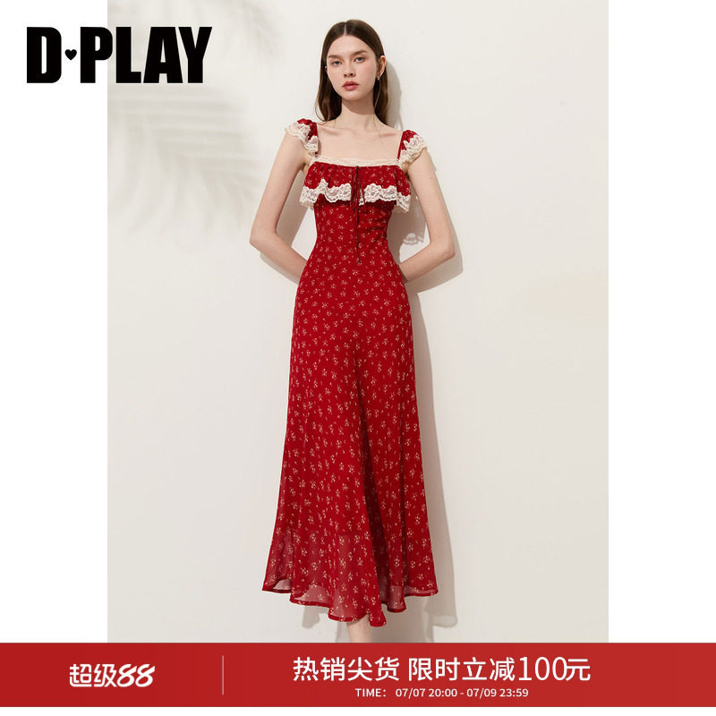 DPLAY【度假系列】红色印花飞飞袖连衣裙2026夏季新款沙滩裙长裙