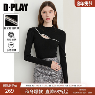 DPLAY2026年春季新款黑色针织衫女含羊毛镂空设计修身打底衫上衣