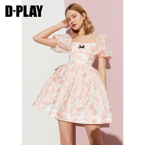 DPLAY德帕拉夏季甜美复古风粉色郁金香提花沙滩裙蓬蓬连衣裙