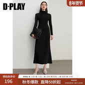 DPLAY2025年秋季 针织裙子长裙 显瘦长袖 新款 黑色连衣裙女高领修身