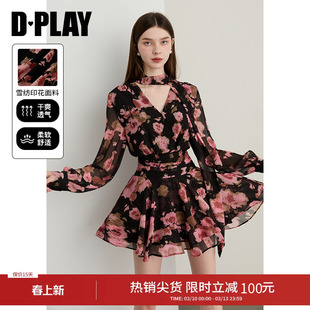 DPLAY2026春季新款粉黑色连衣裙女好看独特法式雪纺裙子长袖短裙