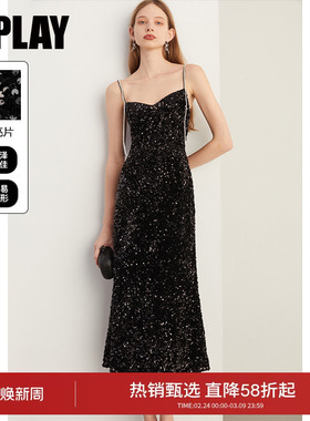 DPLAY2026春季新款黑色连衣裙女亮片吊带鱼尾裙闪钻晚礼服裙子
