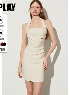 DPLAY夏气质法式白色连衣裙女度假露肩弹力捏褶短款吊带沙滩裙