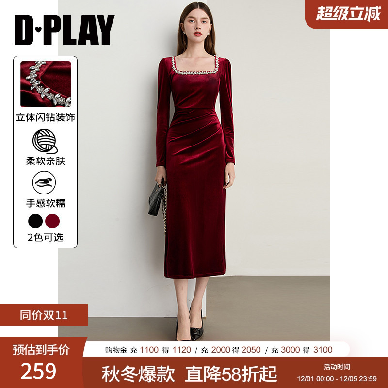 DPLAY方领红色丝绒连衣裙