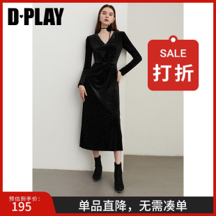 DPLAY2025年秋季 法式 黑色連衣裙女絲絨禮服裙長款 小黑裙長裙 新款