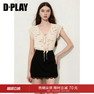 DPLAY米白色V领荷叶边蝴蝶结宽松雪纺小衫法式2026夏季女士上衣