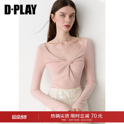 DPLAY粉色交叉扭结 V领T恤修身法式长袖内搭小衫2026秋季新款
