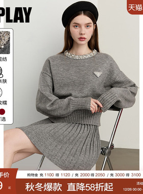 DPLAY2025年冬季新款灰色针织衫女含羊毛闪钻设计长袖上衣毛衣