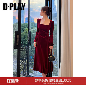 DPLAY秋季法式复古红色连衣裙女丝绒订婚服回门服敬酒服