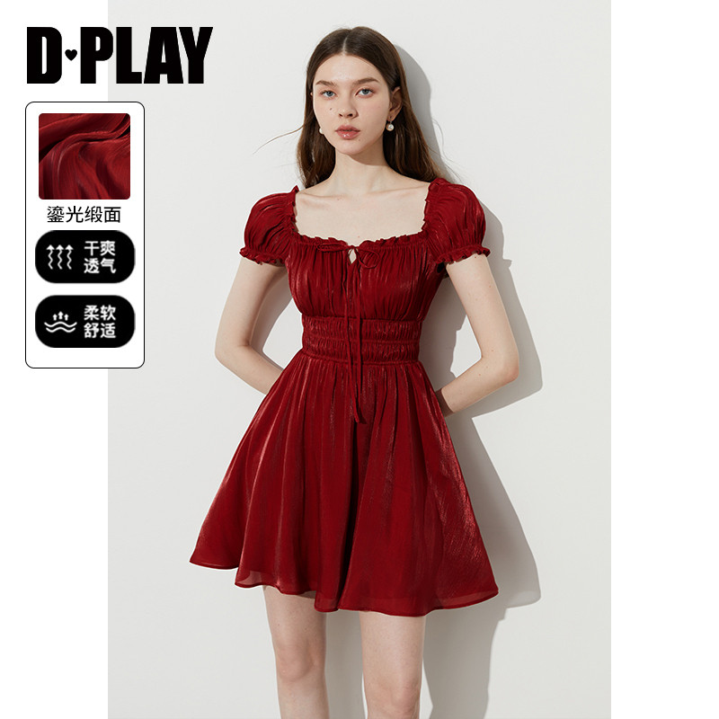 DPLAY夏季新款红色连衣裙女短款回门服法式气质礼服裙子图片