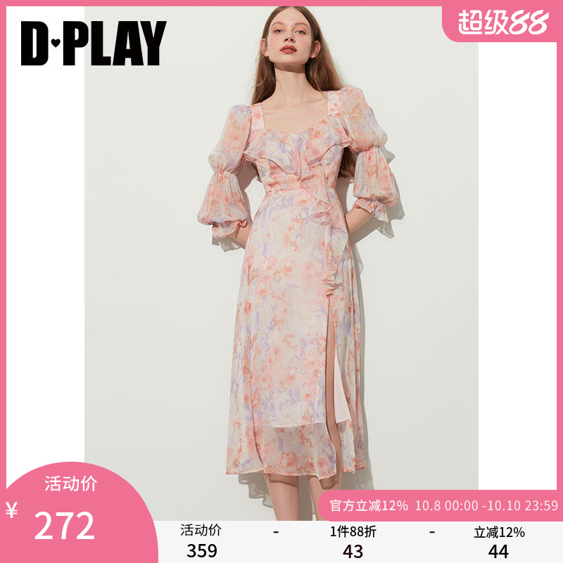 DPLAY粉色碎花裙法式雪纺连衣裙