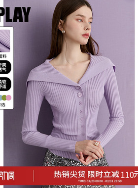DPLAY【云朵针织系列】含羊毛紫色针织衫春季女长袖修身毛衣上衣