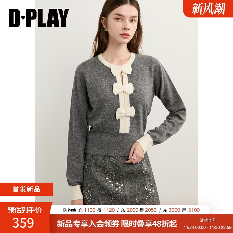 DPLAY2025年冬季新款灰色针织衫女蝴蝶结100绵羊毛好看上衣