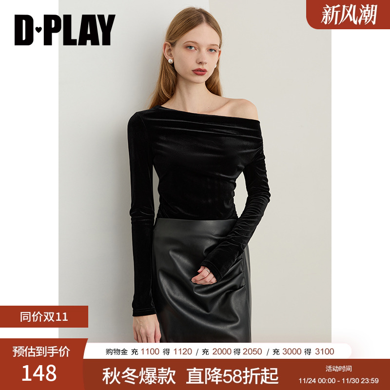 DPLAY2025年秋季新款黑色t恤女好看一字肩时尚气质打底衫长袖上衣