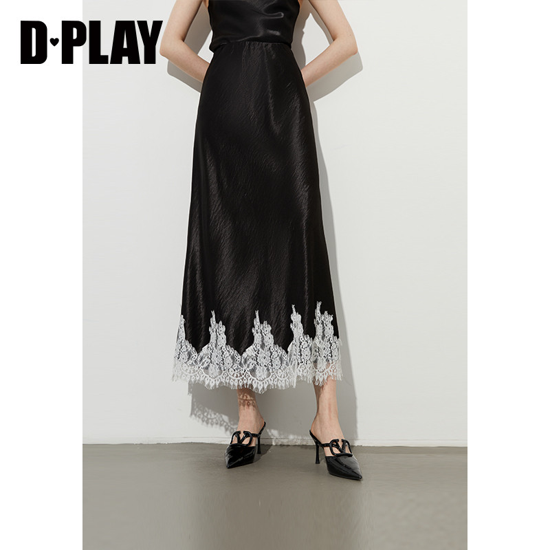 DPLAY【惠品】2025年夏季新款黑色半身裙女士流行蕾丝拼接半裙