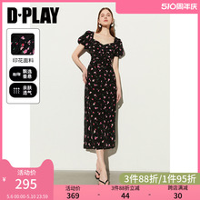 DPLAY2024夏法式方领泡泡袖连衣裙后背镂空绝美黑色碎花连衣裙