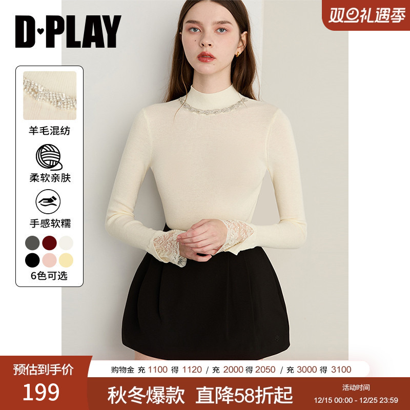 DPLAY2025年秋季新款白色半高领修身针织衫时尚袖口蕾丝上衣女